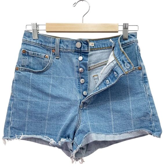 Levi’s Premium Ribcage Shorts Sz 29 Jive Windowpane High Rise Raw Hem Denim Blue - Picture 5 of 12
